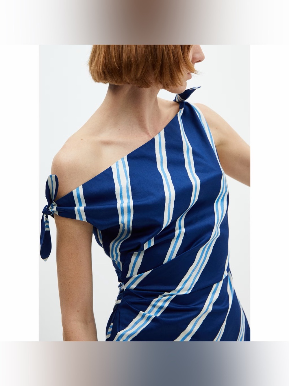 Mango One Shoulder Blue Striped dress with bare shoulders NWT - Picture 8 of 9